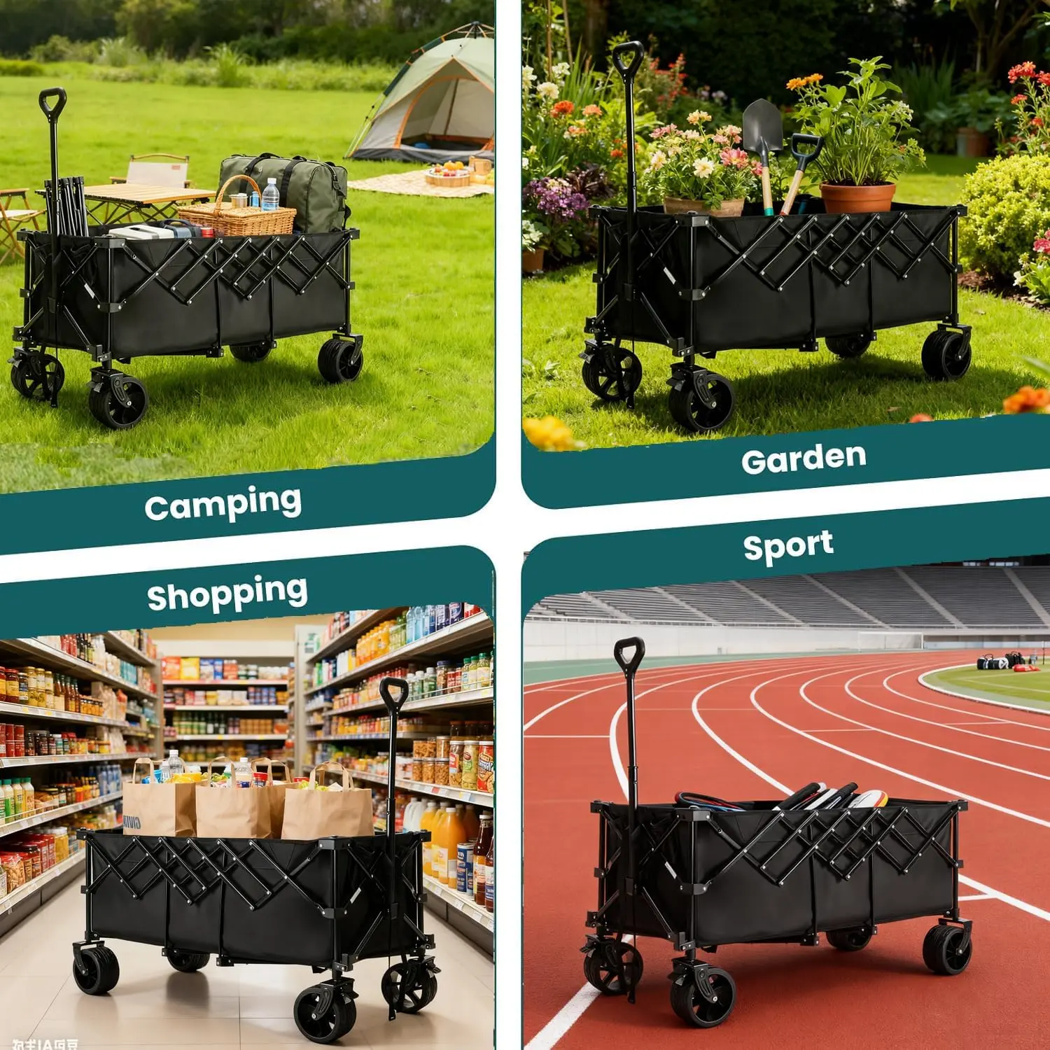 Carro de jardín de acero resistente: carrito multiusos plegable de 300 L, capacidad de 180 kg, ruedas de 7 pulgadas, ideal para acampada y jardinería; disponible en negro, azul y gris.