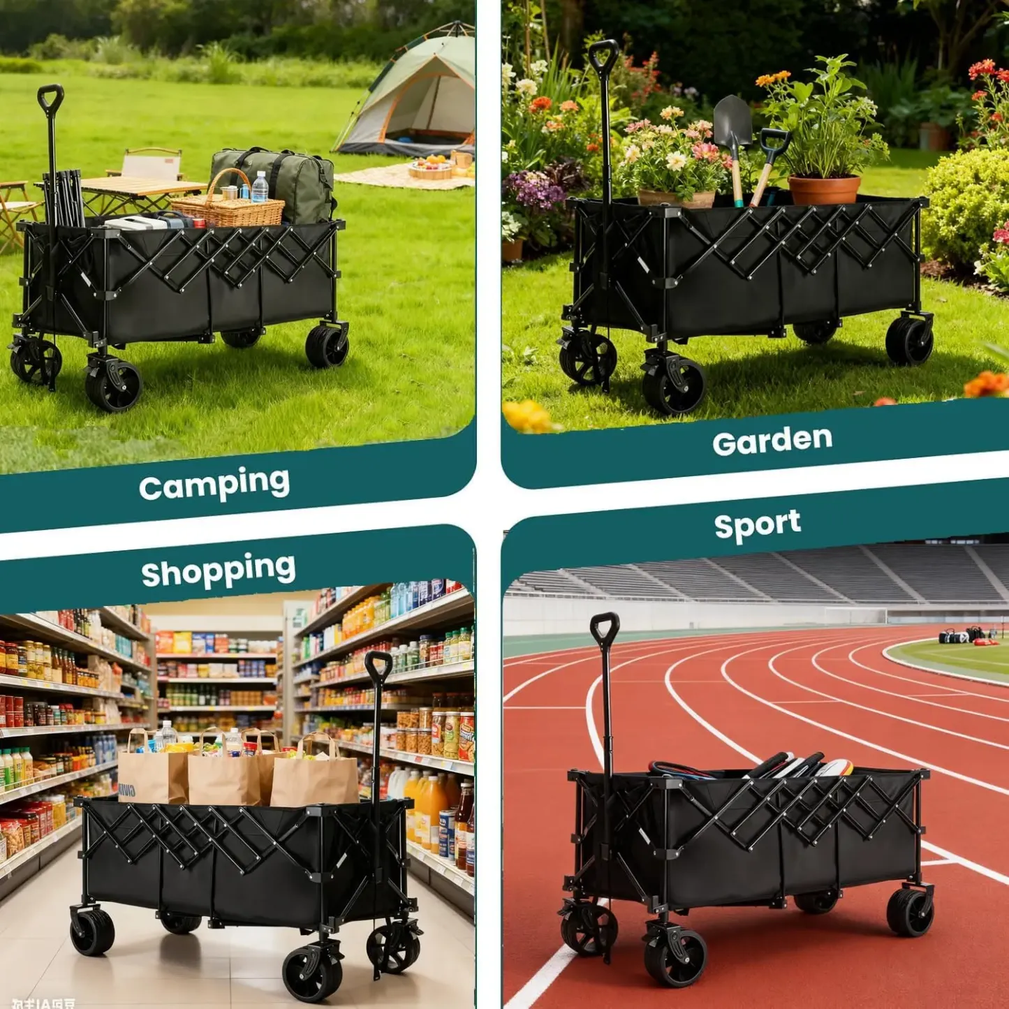 Carro de jardín de acero resistente: carrito multiusos plegable de 300 L, capacidad de 180 kg, ruedas de 7 pulgadas, ideal para acampada y jardinería; disponible en negro, azul y gris.