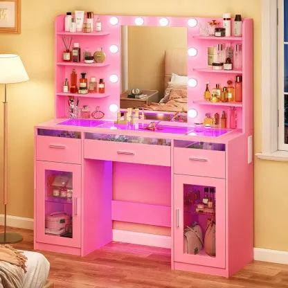 Tocador de maquillaje con espejo y luces de 3 colores, superficie transparente con 3 cajones RGB, 6 estantes, 2 armarios grandes de vidrio templado y toma de corriente; ideal para el dormitorio.