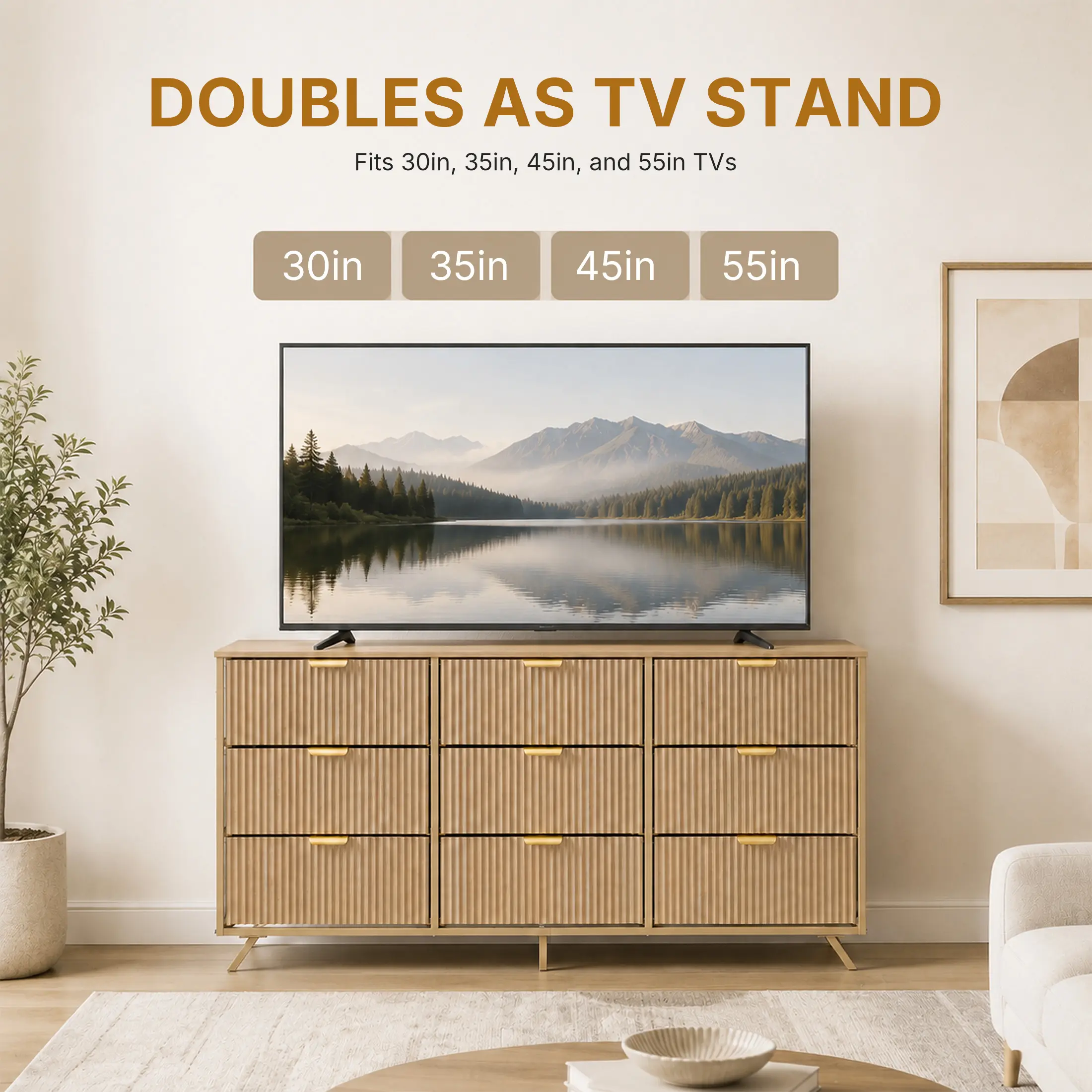 Cómoda de 9 Cajones de Tela, Aparador de Madera de 57", Mueble TV Moderno para 35/45/55", Gran Capacidad de Almacenamiento con Base Reforzada