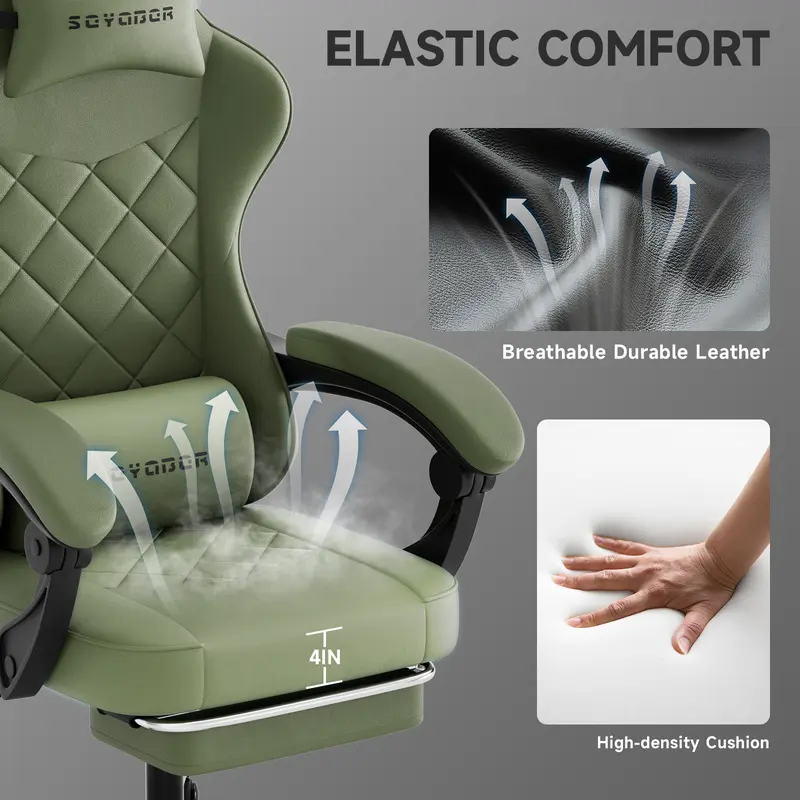 Silla Gaming Ergonómica Reclinable con Reposapiés, Cuero Transpirable, Soporte para Espalda, Asiento Amplio Acolchado, Capacidad de 300 lb, Ideal para Oficina, Gaming y Streaming