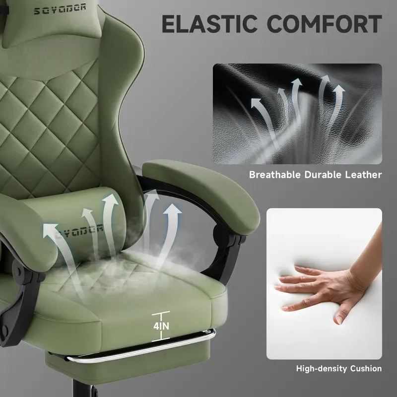 Silla Gaming Ergonómica Reclinable con Reposapiés, Cuero Transpirable, Soporte para Espalda, Asiento Amplio Acolchado, Capacidad de 300 lb, Ideal para Oficina, Gaming y Streaming