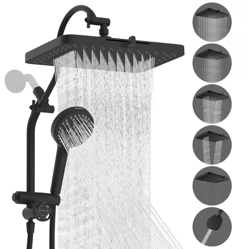 Sistema de Ducha de Alta Presión con Cabezal Fijo Tipo Lluvia de 13" y Ducha de Mano de 10 Modos, Brazo de Extensión de 12", Desviador de 4 Vías, Manguera de 71", Acabado Cromado, Certificación cUPC