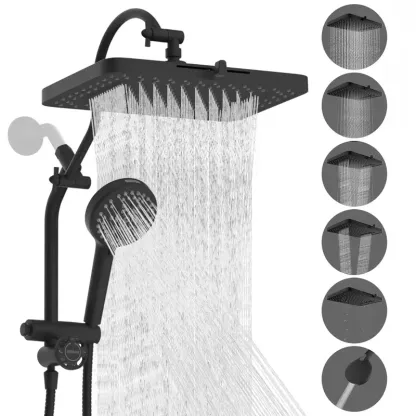 Sistema de Ducha de Alta Presión con Cabezal Fijo Tipo Lluvia de 13" y Ducha de Mano de 10 Modos, Brazo de Extensión de 12", Desviador de 4 Vías, Manguera de 71", Acabado Cromado, Certificación cUPC
