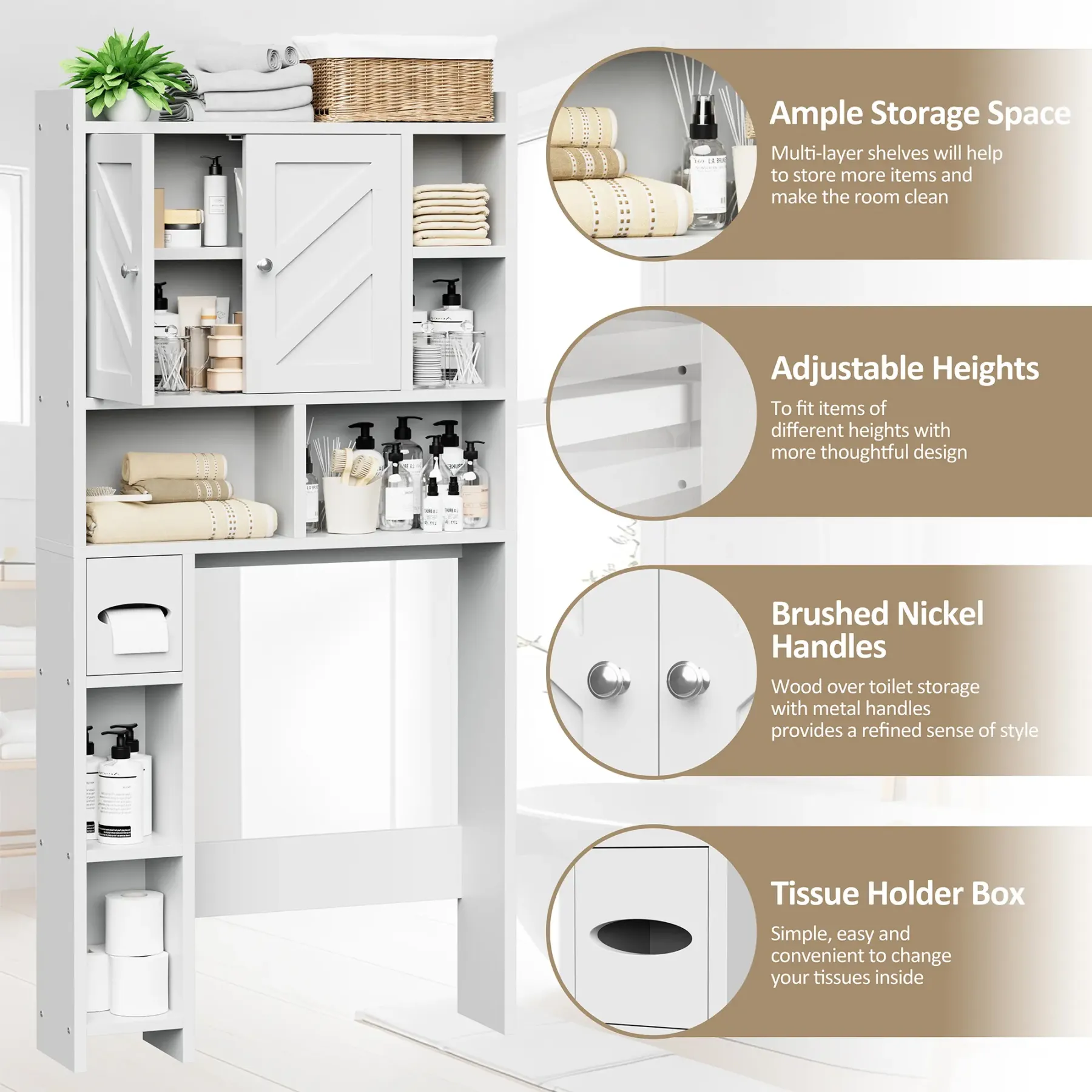 Armario de almacenamiento para colocar sobre el inodoro, estilo granja con 2 puertas tipo granero y soporte para papel higiénico, estantería para baño y organizador de muebles para lavandería.