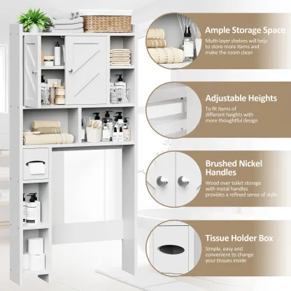 Armario de almacenamiento para colocar sobre el inodoro, estilo granja con 2 puertas tipo granero y soporte para papel higiénico, estantería para baño y organizador de muebles para lavandería.