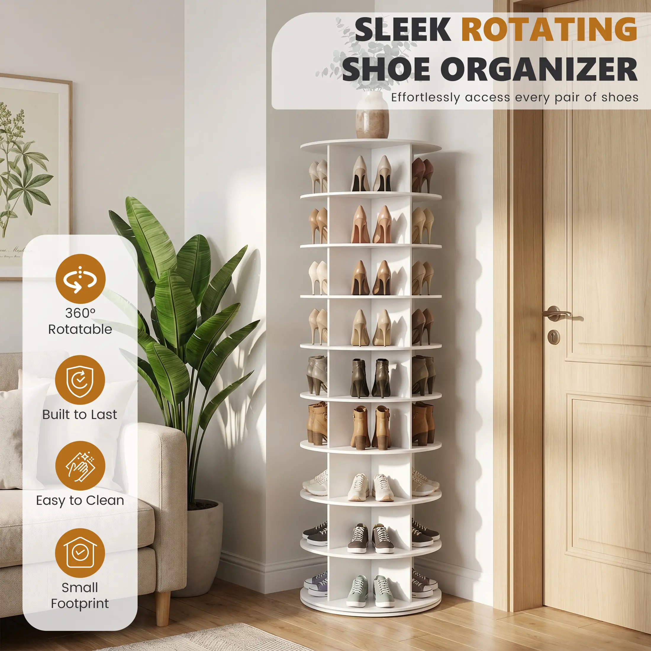 Torre zapatera giratoria con sistema tipo "Lazy Susan", expositor de zapatos y bolsos con rotación de 360 ​​grados, carrusel vertical para organización de armarios.