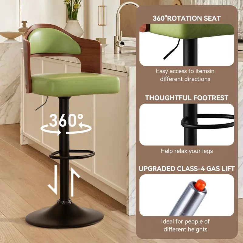 Juego de 1 o 2 taburetes de bar giratorios con altura ajustable (24,5-33,5 pulgadas); taburetes de madera tapizados en piel sintética, con respaldo y reposapiés, ideales para bar, cocina o comedor.