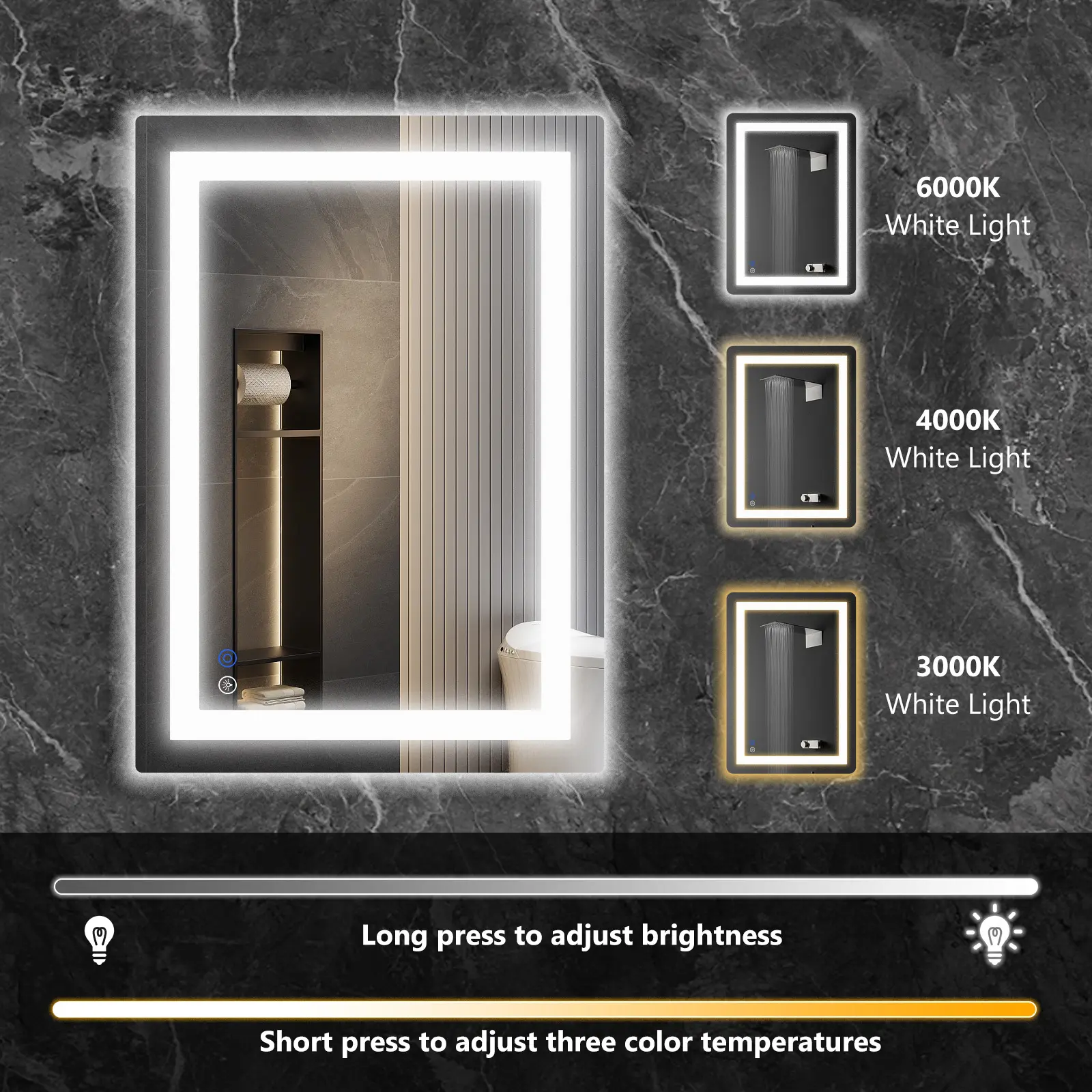 Espejo LED de Baño con Antivaho y Luz Regulable, Espejo de Pared con Iluminación Ajustable para Tocador