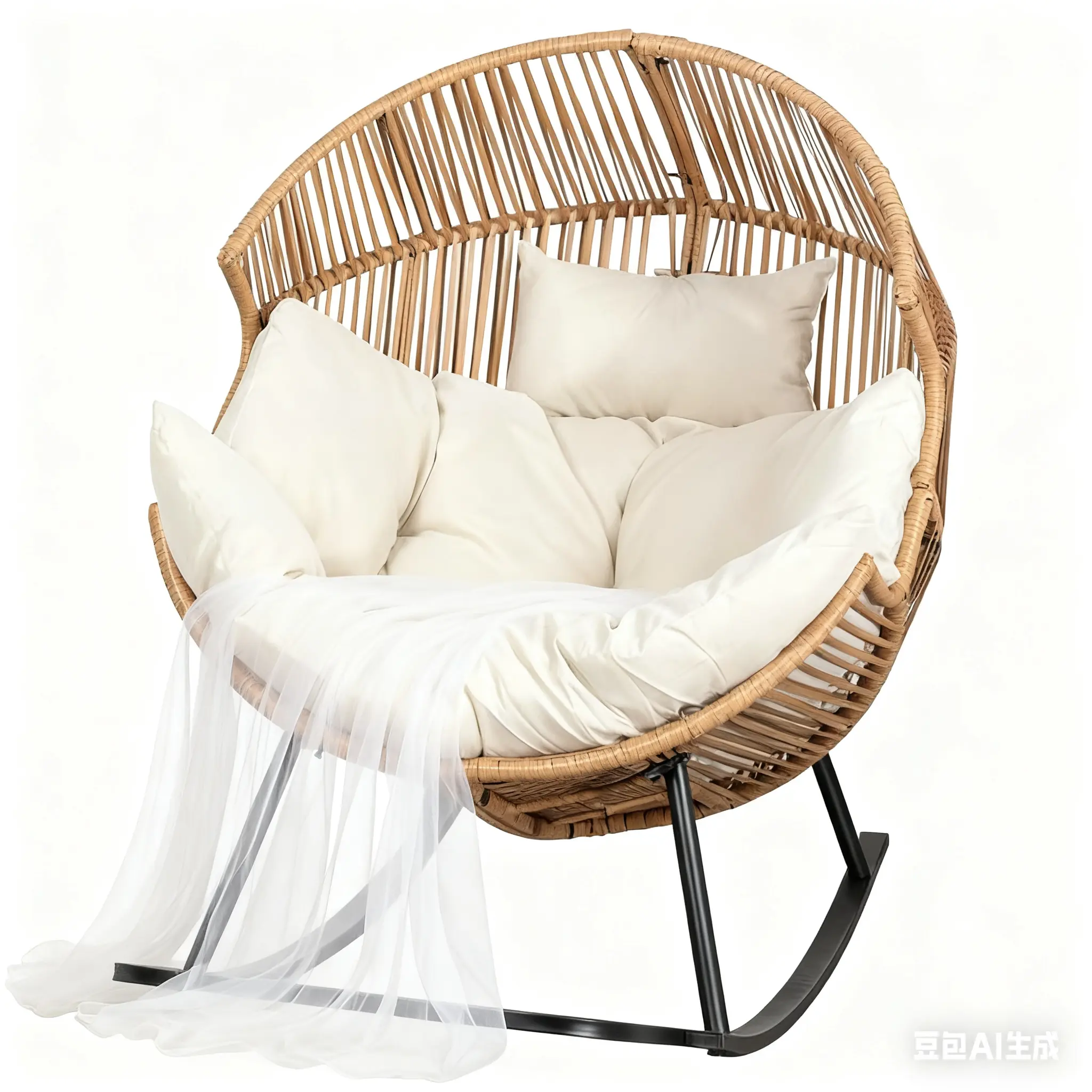 Sillón mecedora de mimbre para interiores y exteriores; silla tipo huevo de gran tamaño con cojín y capacidad de carga de 450 libras; ideal para dormitorio, balcón o jardín.