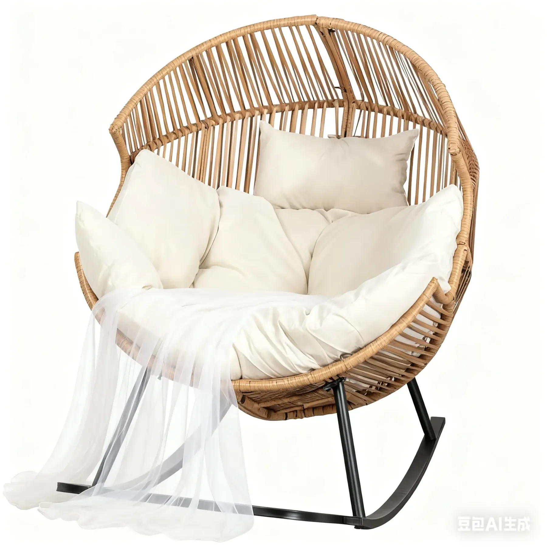 Sillón mecedora de mimbre para interiores y exteriores; silla tipo huevo de gran tamaño con cojín y capacidad de carga de 450 libras; ideal para dormitorio, balcón o jardín.
