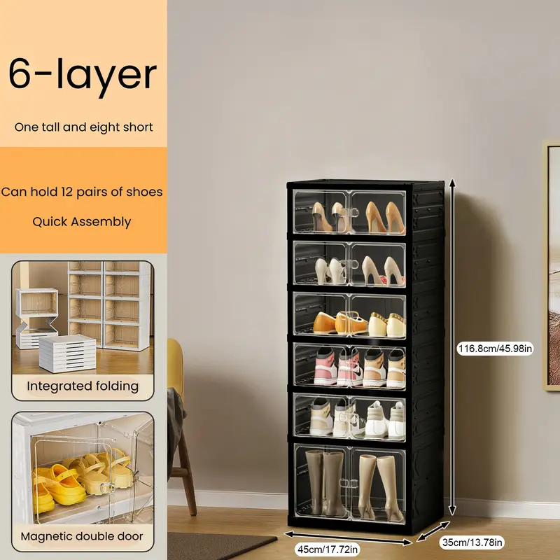 Zapatero plegable con puertas magnéticas transparentes, unidad de almacenamiento de 9 niveles para 18 pares de zapatos, diseño sencillo, gran capacidad, resistente, zapatero de plástico apilable, ahorra espacio, no requiere instalación.