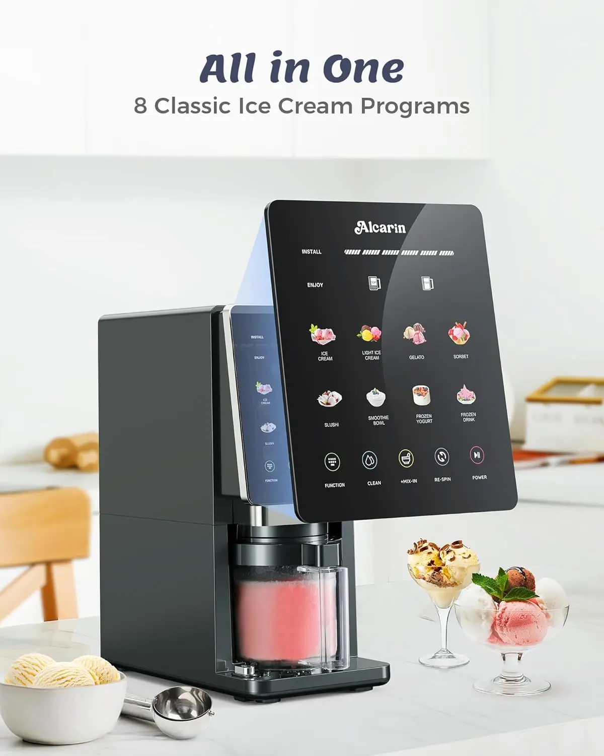 Máquina eléctrica para hacer helados de 10 funciones: 8 programas + funciones de añadir ingredientes y rebatido; para helado casero, gelato, yogur helado y más; opciones ricas en proteínas, keto, veganas y sin lácteos.