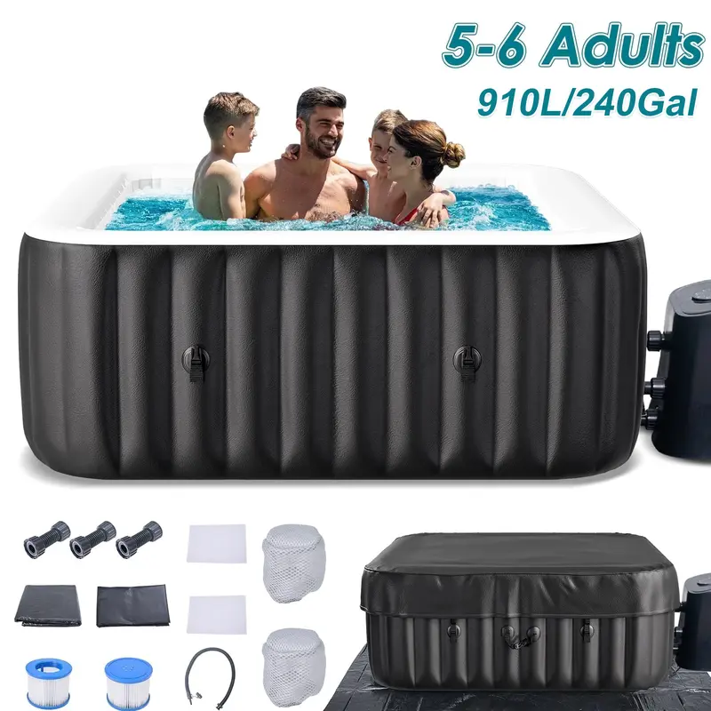 Spa Inflable Exterior para 4-6 Personas, Jacuzzi Portátil con 130 Chorros de Burbujas, Bomba de Calor y Filtro, Ideal para Patio y Jardín