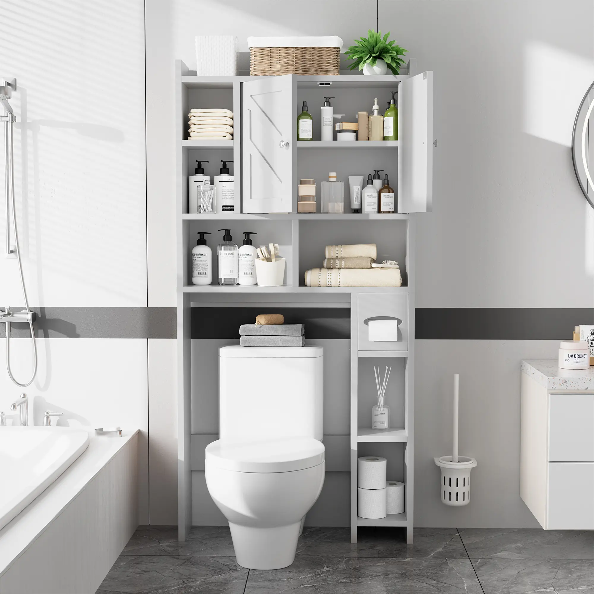 Armario de almacenamiento para colocar sobre el inodoro, estilo granja con 2 puertas tipo granero y soporte para papel higiénico, estantería para baño y organizador de muebles para lavandería.