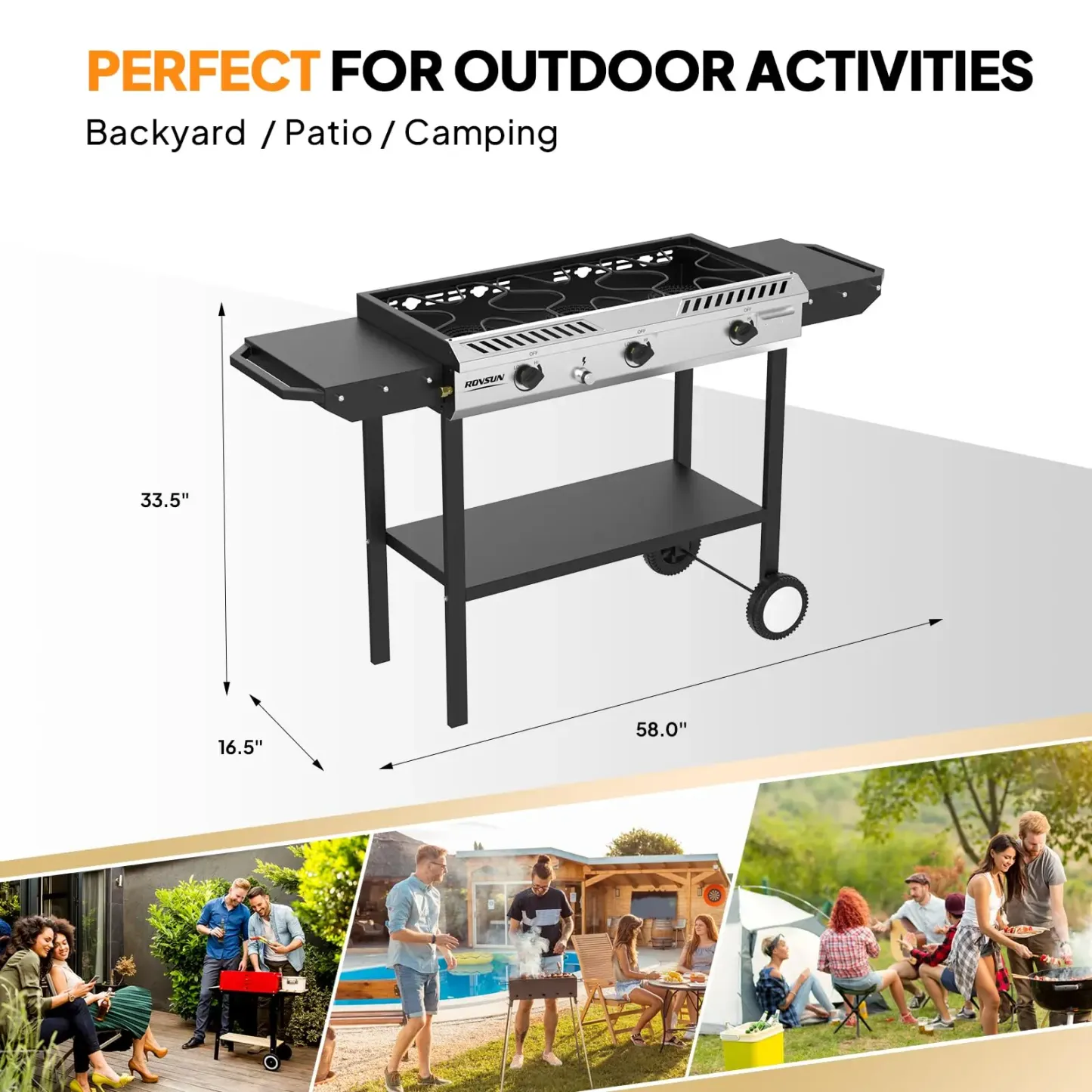 ROVSUN Estufa de gas propano para exteriores (2/3 quemadores) con encendido automático, regulador y estantes laterales — Potente cocina de pie de 150.000/225.000 BTU, ideal para cocinar en el patio trasero, elaboración casera de bebidas, envasado de alime