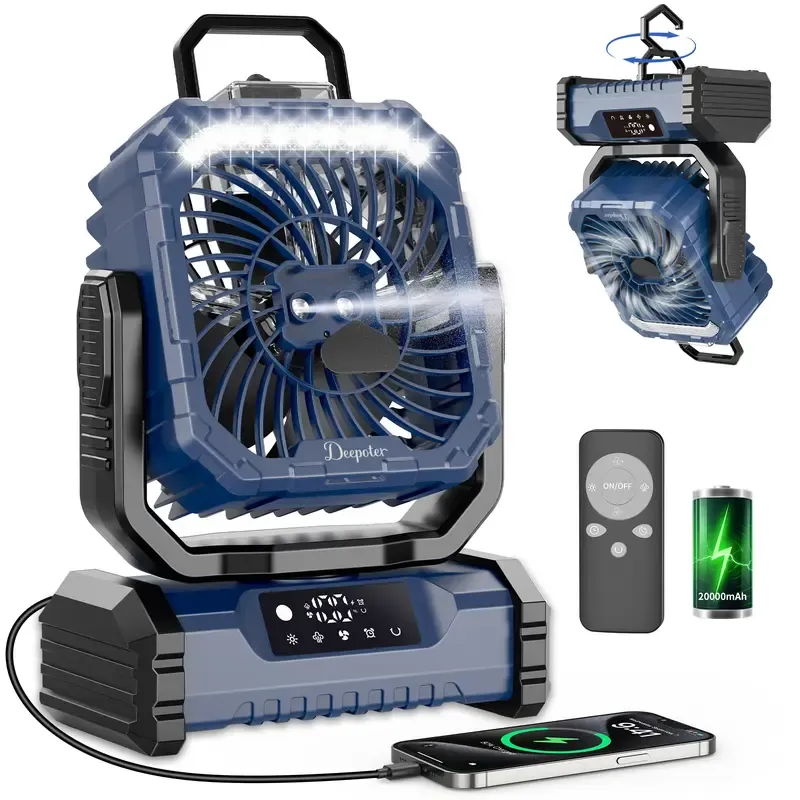 Ventilador Recargable para Camping con Luz LED, Pulverizador Humidificador, Cabezal Oscilante, Inalámbrico, Ligero y Portátil, Funciona con Batería