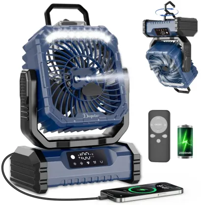 Ventilador Recargable para Camping con Luz LED, Pulverizador Humidificador, Cabezal Oscilante, Inalámbrico, Ligero y Portátil, Funciona con Batería
