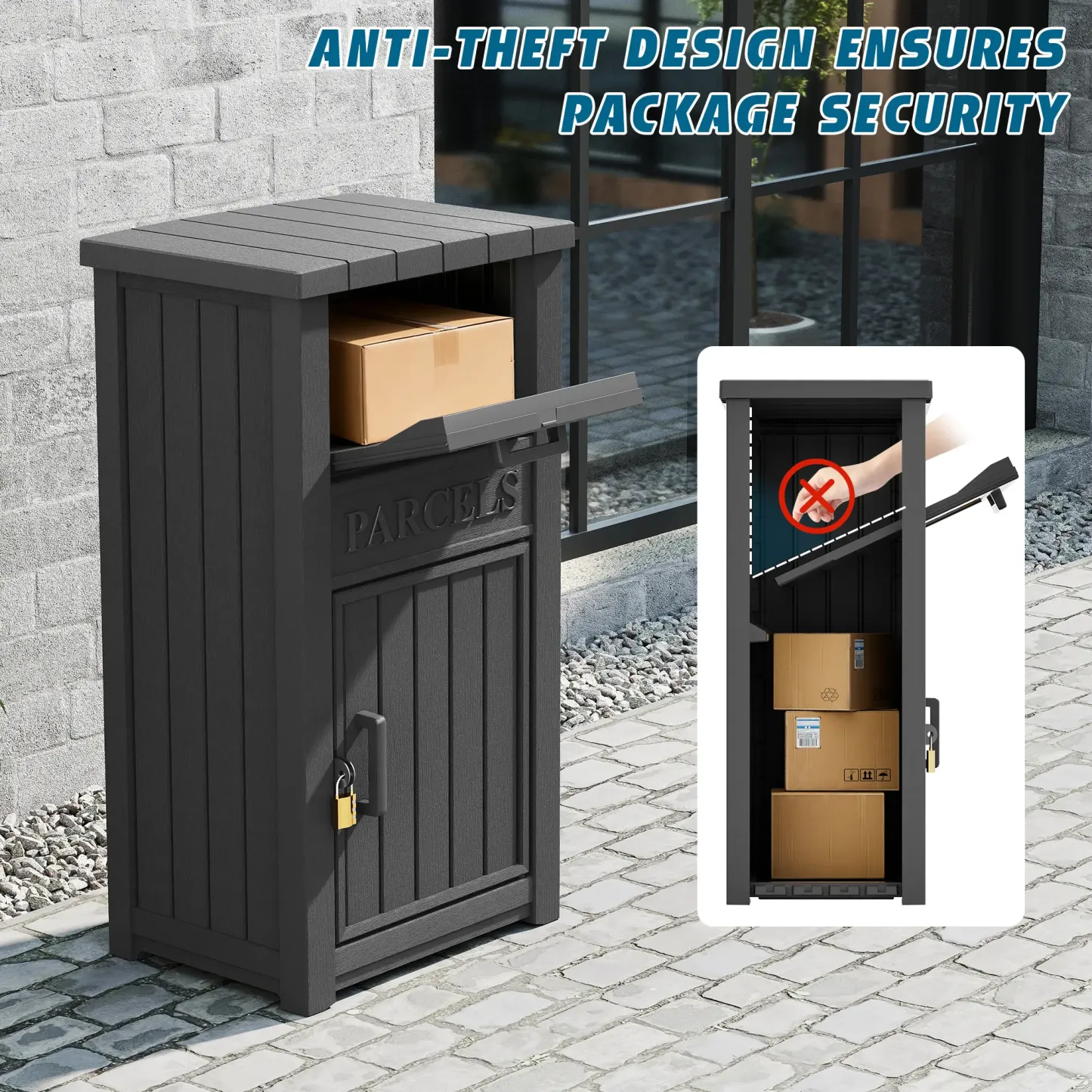 Buzón para entrega de paquetes en exteriores: caja con cerradura, resistente a robos e impermeable; apta para porches, zonas de acceso y áreas residenciales.