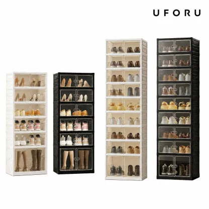 Zapatero plegable con puertas magnéticas transparentes, unidad de almacenamiento de 9 niveles para 18 pares de zapatos, diseño sencillo, gran capacidad, resistente, zapatero de plástico apilable, ahorra espacio, no requiere instalación.