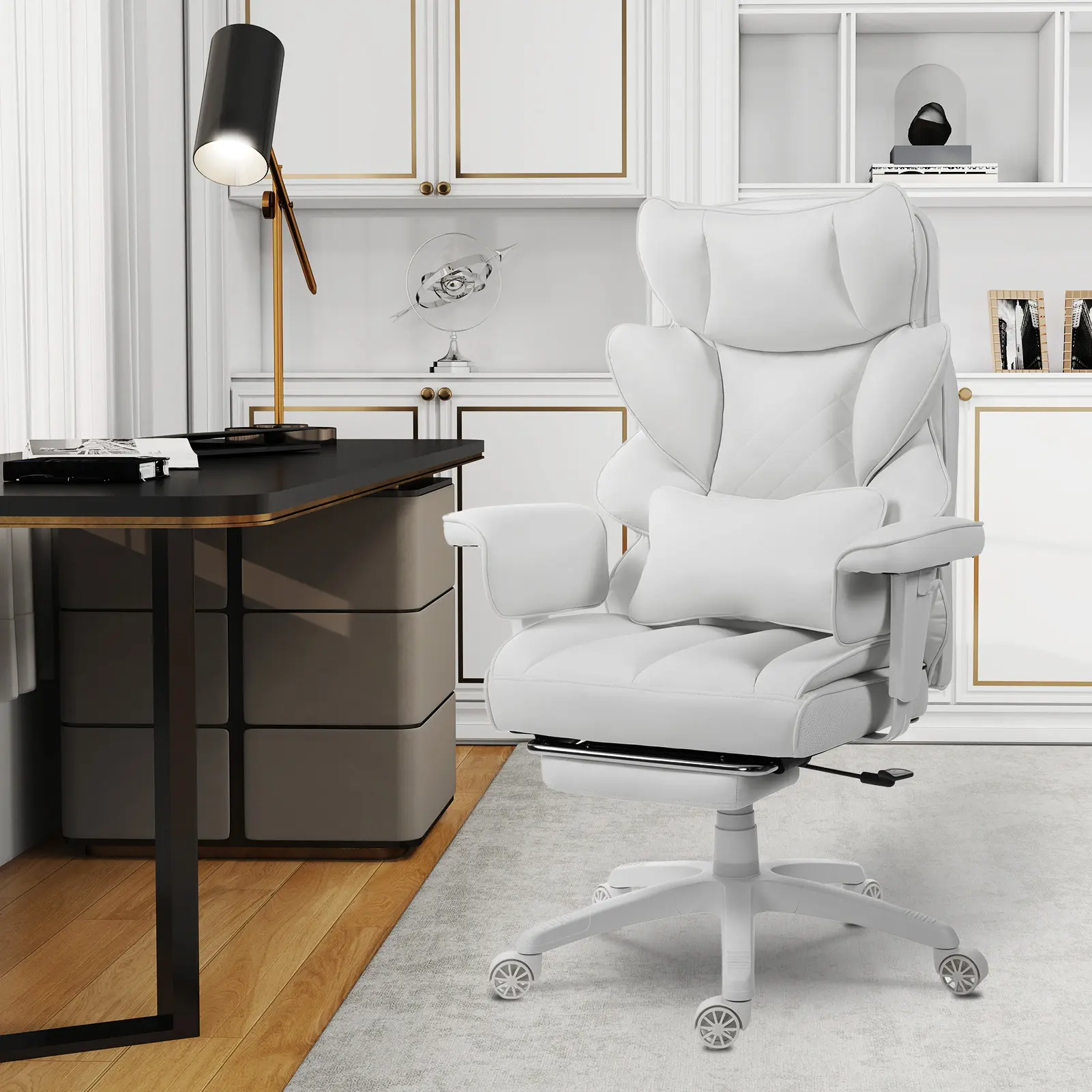 Silla de Oficina Ergonómica Grande con Soporte Lumbar, Cojín de Resortes, Respaldo Alto, Reposabrazos Ajustables y Reposapiés