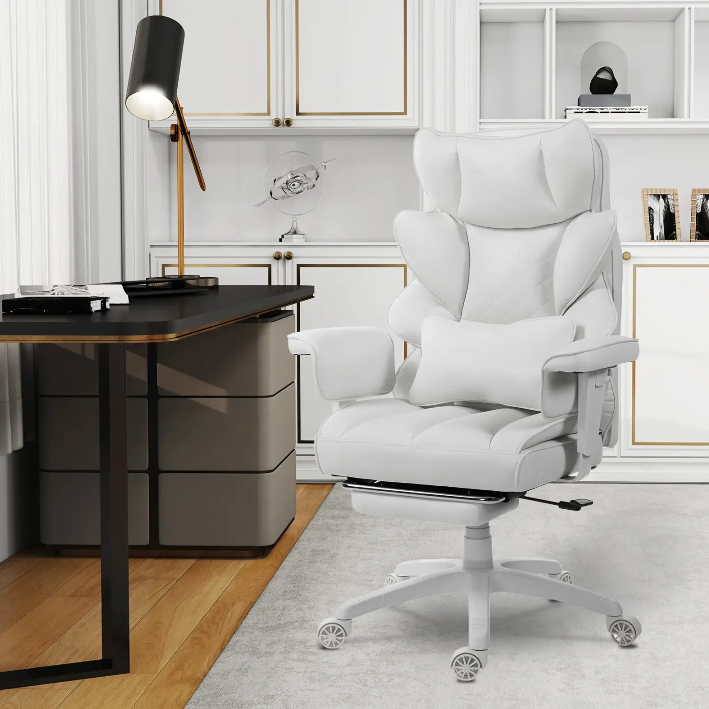 Silla de Oficina Ergonómica Grande con Soporte Lumbar, Cojín de Resortes, Respaldo Alto, Reposabrazos Ajustables y Reposapiés