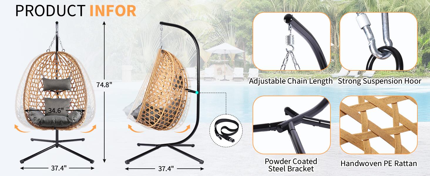 RIWENGO Hanging Egg Chair with Stand &ndash; Handwoven Rattan Patio Swing with Cushion, 350lb Capacity &ndash; Indoor/Outdoor Chic for Patio, Garden & Poolside