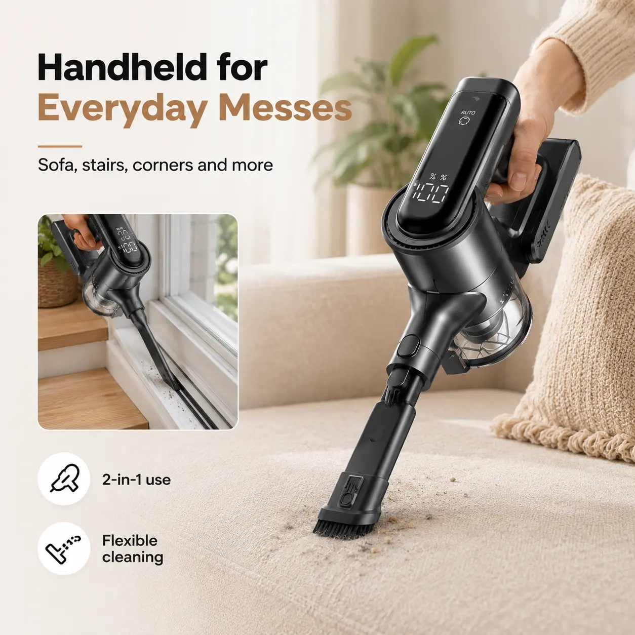 Aspiradora Escoba Inalámbrica 6 en 1, Recargable con Alta Potencia de Succión, 50 Minutos de Uso, Sistema Antienredos, Diseño Ligero y Autoposicionable, Ideal para Pisos, Alfombras y Pelo de Mascotas