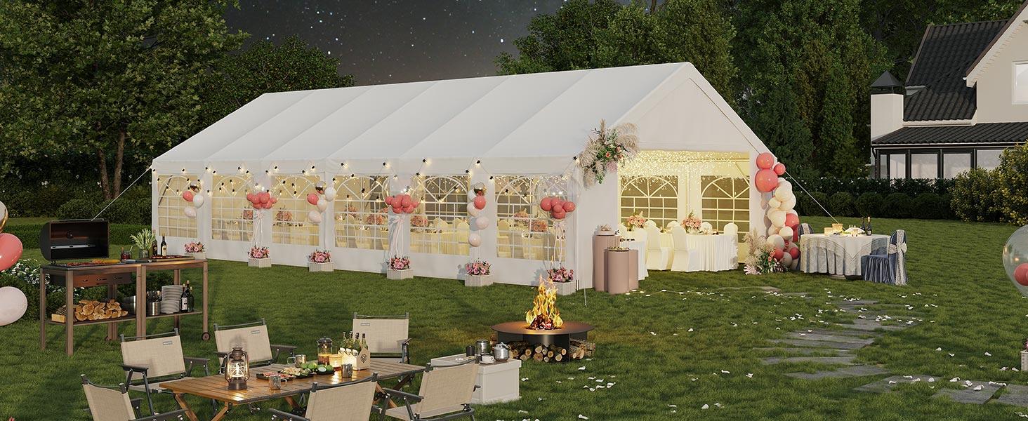 Aoxun Heavy-Duty Steel Frame Patio Canopy Party Tent, 32x16 FT/40x20 FT with Sturdy Base, Waterproof Material, Removable Sidewalls & Roll-Up Door, for Weddings, BBQ (3-Package Shipping, White),campingessentials,outdoorfurnitureset,campinggear