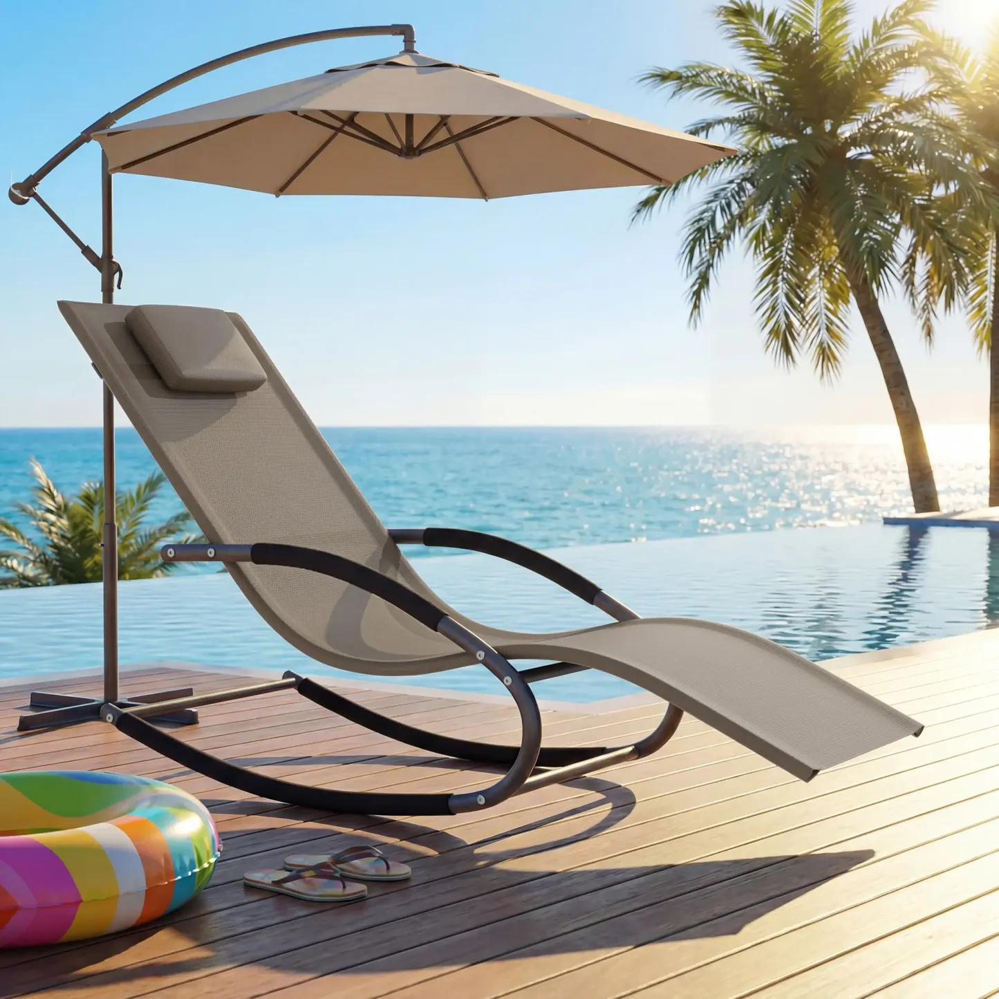 Oferta Flash para el Hogar – Silla Reclinable de Exterior Ajustable con Malla Transpirable, Estructura de Acero Resistente para Todo Clima, Reposabrazos de NBR y Almohada, Soporta hasta 300 lb, Ideal para Jardín, Patio y Terraza, Marrón/Gris
