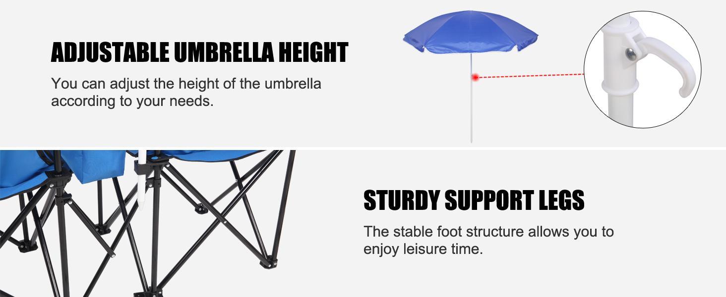 Outvita Folding Double Camping Chair w/Umbrella Beverage Holder Carrying Bag Cooler Fold Up Table, Large Bearing Capacity for Beach Patio Pool Park Outdoor Blue Summervibes