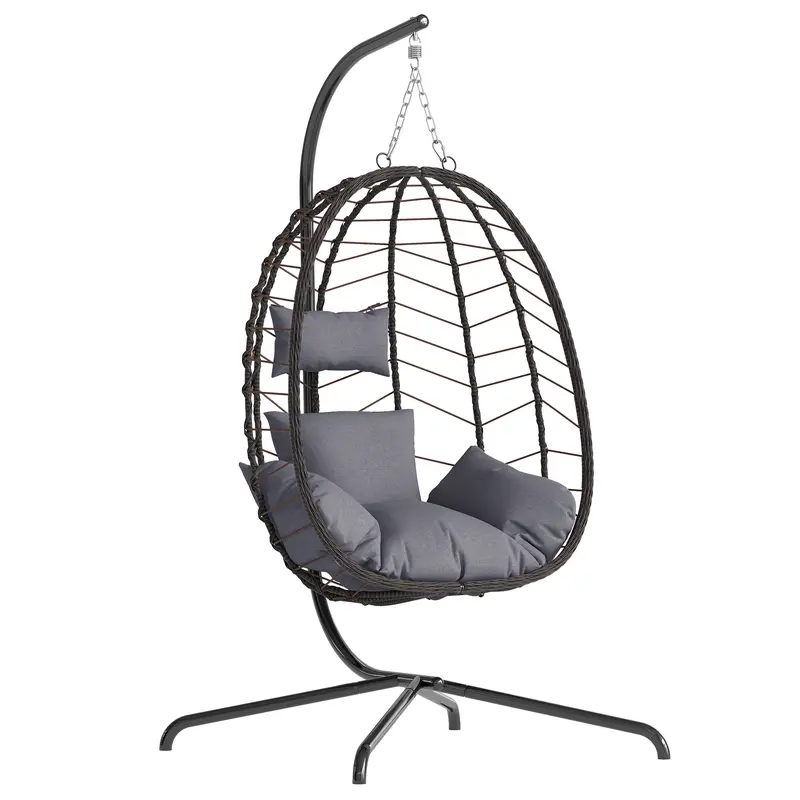 Sillón colgante tipo huevo con soporte – Columpio de ratán tejido a mano para patio con cojín, capacidad de 350 libras – Estilo elegante para interiores y exteriores (patio, jardín y zona de piscina)