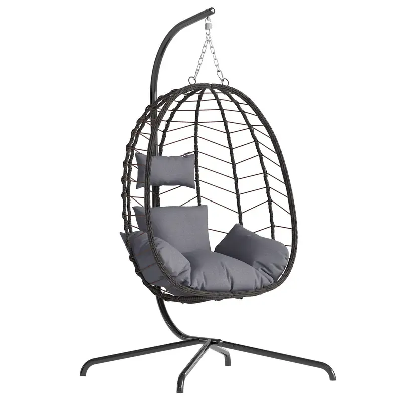 Sillón colgante tipo huevo con soporte – Columpio de ratán tejido a mano para patio con cojín, capacidad de 350 libras – Estilo elegante para interiores y exteriores (patio, jardín y zona de piscina)