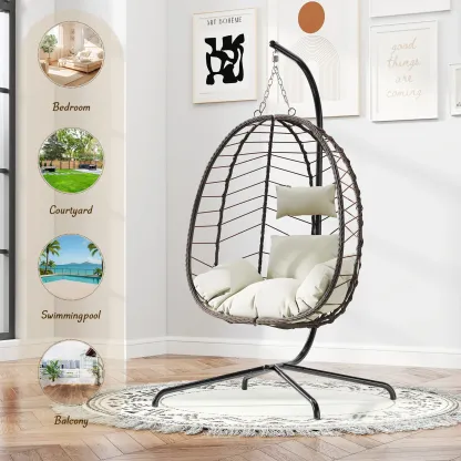 Sillón colgante tipo huevo con soporte – Columpio de ratán tejido a mano para patio con cojín, capacidad de 350 libras – Estilo elegante para interiores y exteriores (patio, jardín y zona de piscina)