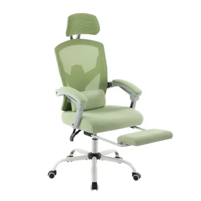 Silla de Oficina Ergonómica con Reposapiés, Reposacabezas Ajustable y Respaldo de Malla, Giratoria con Ruedas y Altura Regulable