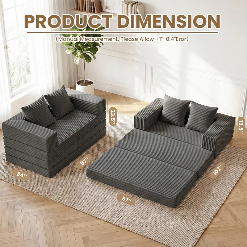 Sofá cama plegable convertible 5 en 1 (tamaño Queen) con colchón de tres pliegues y reposabrazos; sofá futón de suelo sin estructura para sala de estar, dormitorio o apartamento.