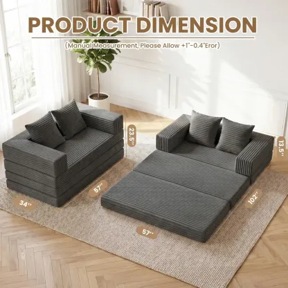 Sofá cama plegable convertible 5 en 1 (tamaño Queen) con colchón de tres pliegues y reposabrazos; sofá futón de suelo sin estructura para sala de estar, dormitorio o apartamento.