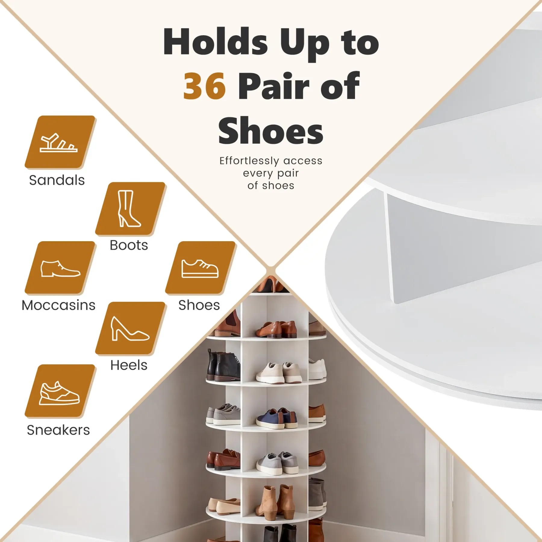 Torre zapatera giratoria con sistema tipo "Lazy Susan", expositor de zapatos y bolsos con rotación de 360 ​​grados, carrusel vertical para organización de armarios.