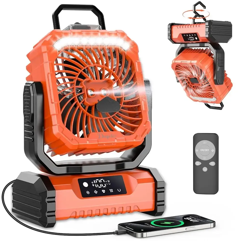 Ventilador Recargable para Camping con Luz LED, Pulverizador Humidificador, Cabezal Oscilante, Inalámbrico, Ligero y Portátil, Funciona con Batería