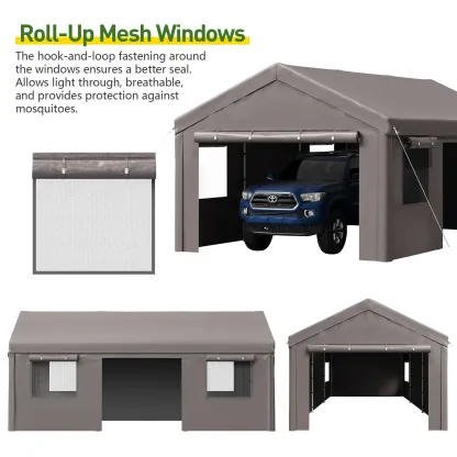 Cochera portátil resistente (opciones de 10x20, 12x20 o 20x20 pies) con ventanas enrollables y paredes laterales y puertas desmontables; refugio impermeable para automóviles, camionetas, SUV y embarcaciones (color gris).