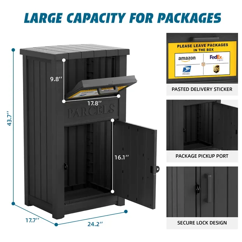 Buzón para entrega de paquetes en exteriores: caja con cerradura, resistente a robos e impermeable; apta para porches, zonas de acceso y áreas residenciales.