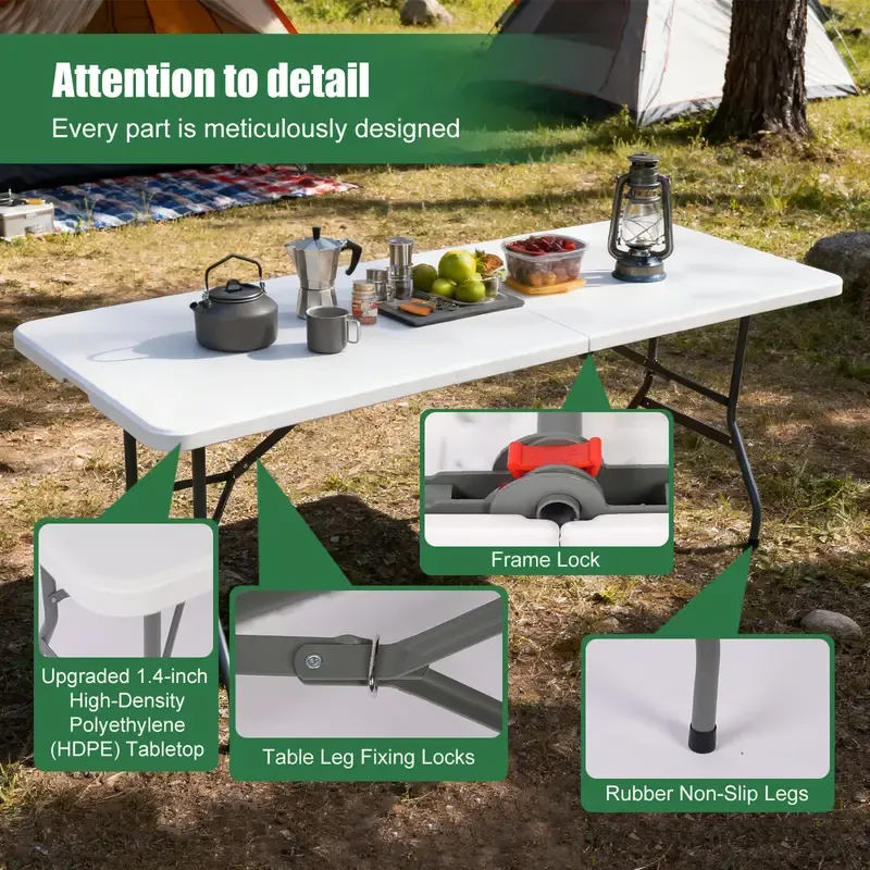 Mesa Plegable de 6 Pies (Set de Mesa Plegable de 6 pies y Mantel: ZB-6FT), con Asa de Transporte Integrada y Patas de Acero Aleado; Portátil y de Uso Rudo para Fiestas, Comedor, Bodas, Eventos, Picnics, Interiores, Exteriores, Camping y Uso General — Bla