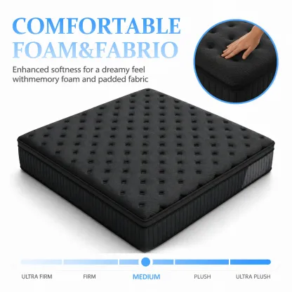 Colchón Híbrido de 10/12/14 Pulgadas, Libre de Fibra de Vidrio, Espuma Viscoelástica y Resortes Ensacados, Alivio de Presión, Aislamiento de Movimiento, Soporte Lumbar por Zonas, Funda Transpirable, Disponible en Twin, Full, Queen y King