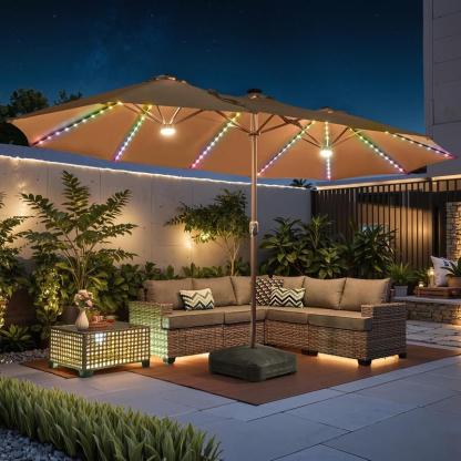 [Iluminación Mejorada de Mayor Brillo] Sombrilla de Patio Lateral Ajustable de Alta Gama (15 pies) con Luces Solares; Sombrilla de Piscina Exterior de Doble Cara y Tamaño Extra Grande con Manivela; Iluminación Solar con Cambio de Color y Protección UV; So