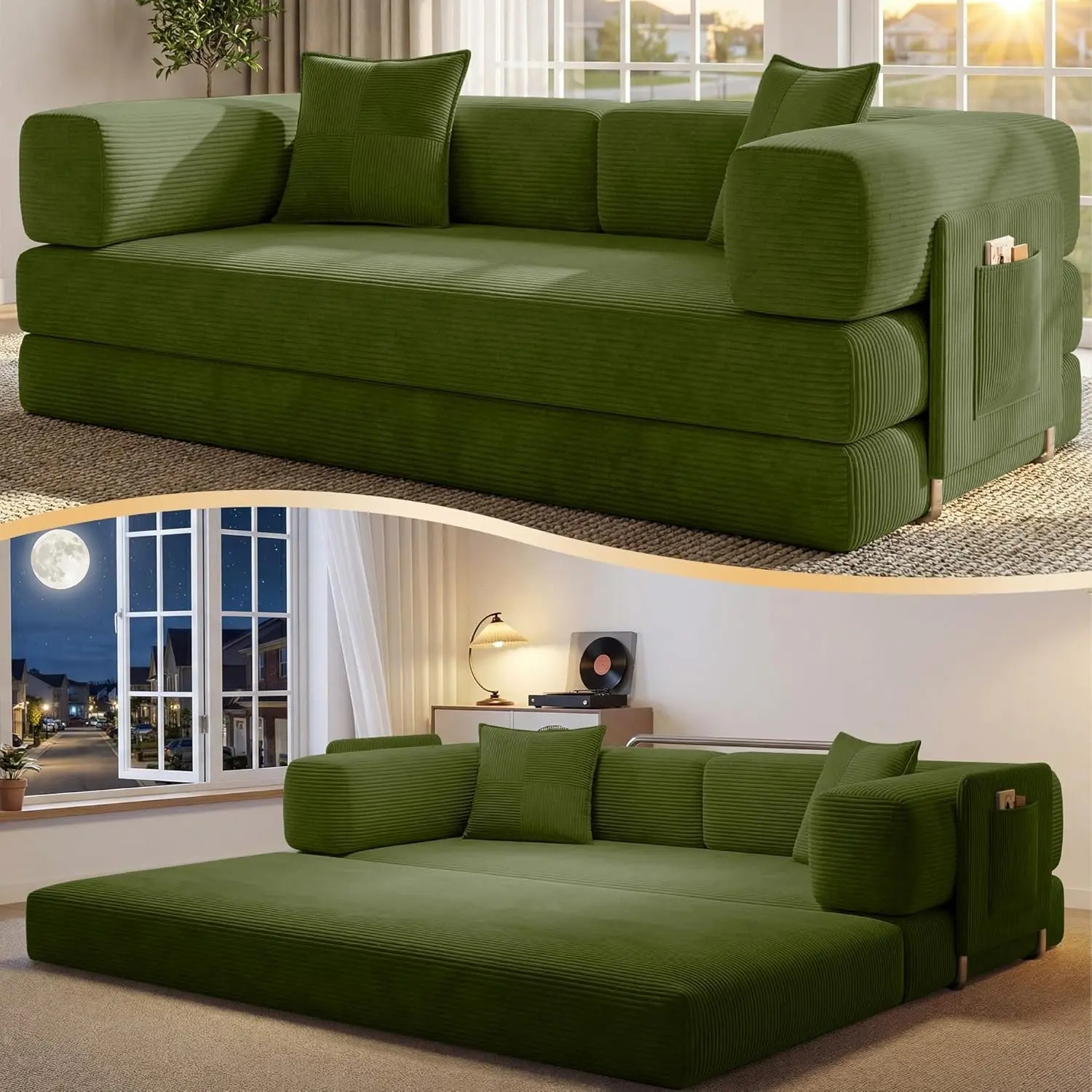 Sofá cama futón convertible de pana de 78,8 pulgadas; sofá sin estructura rígida que no requiere montaje, con bolsillo de almacenamiento para sala de estar; color verde; ideal para dormitorios y decoración del hogar.