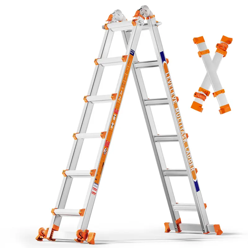 Escalera extensible multiposición, escalera de tijera tipo A con barra estabilizadora y ruedas; capacidad de carga segura de 330 lb; segura para escaleras, el hogar, interiores, exteriores y trabajos en techos.