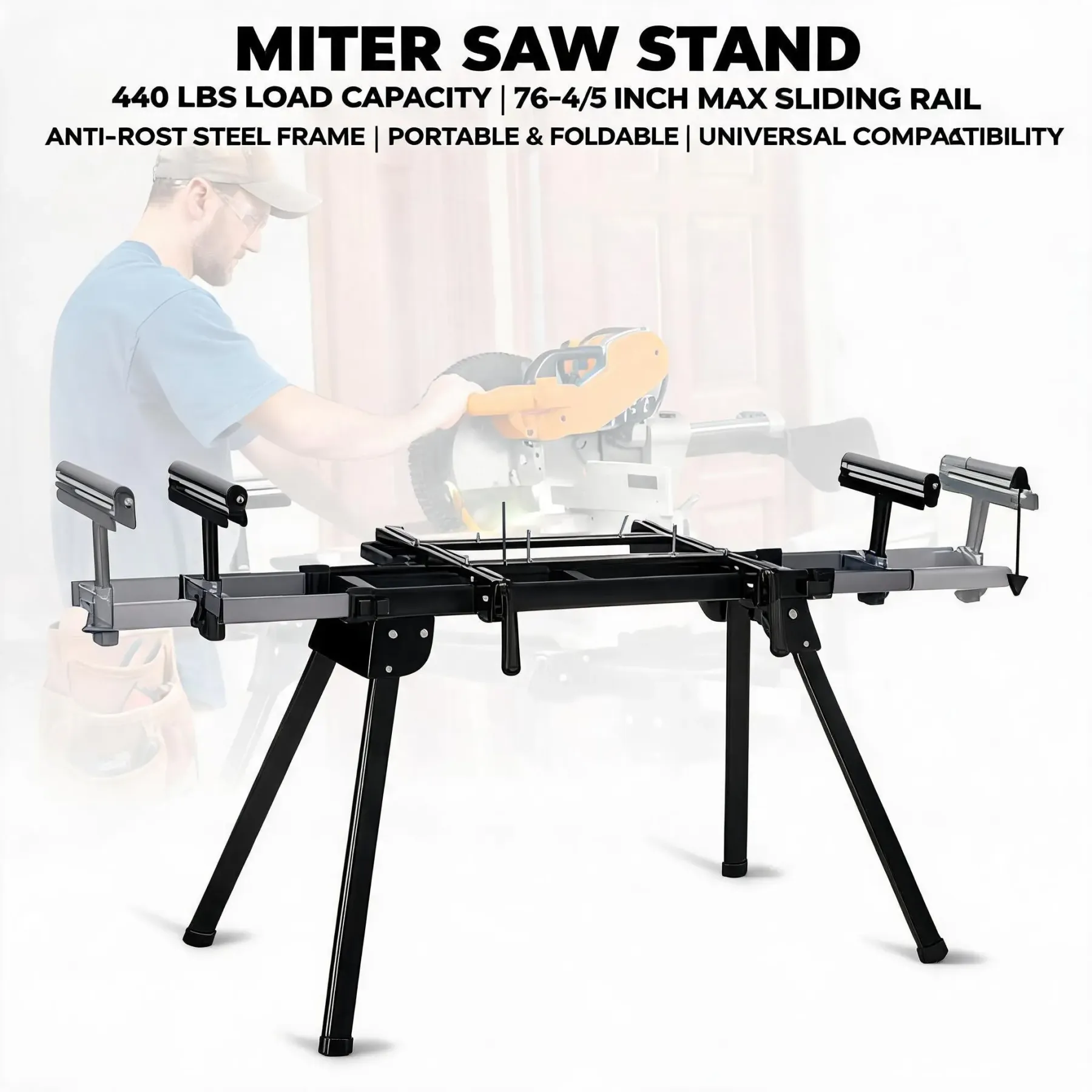 Soporte para sierra ingletadora con capacidad de 440 libras (200 kg), soporte universal plegable con riel deslizante de 76-4/5 pulgadas (195 cm), mesa portátil de acero con rodillos de soporte de altura ajustable y topes de tope para cortes repetitivos.