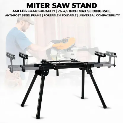 Soporte para sierra ingletadora con capacidad de 440 libras (200 kg), soporte universal plegable con riel deslizante de 76-4/5 pulgadas (195 cm), mesa portátil de acero con rodillos de soporte de altura ajustable y topes de tope para cortes repetitivos.