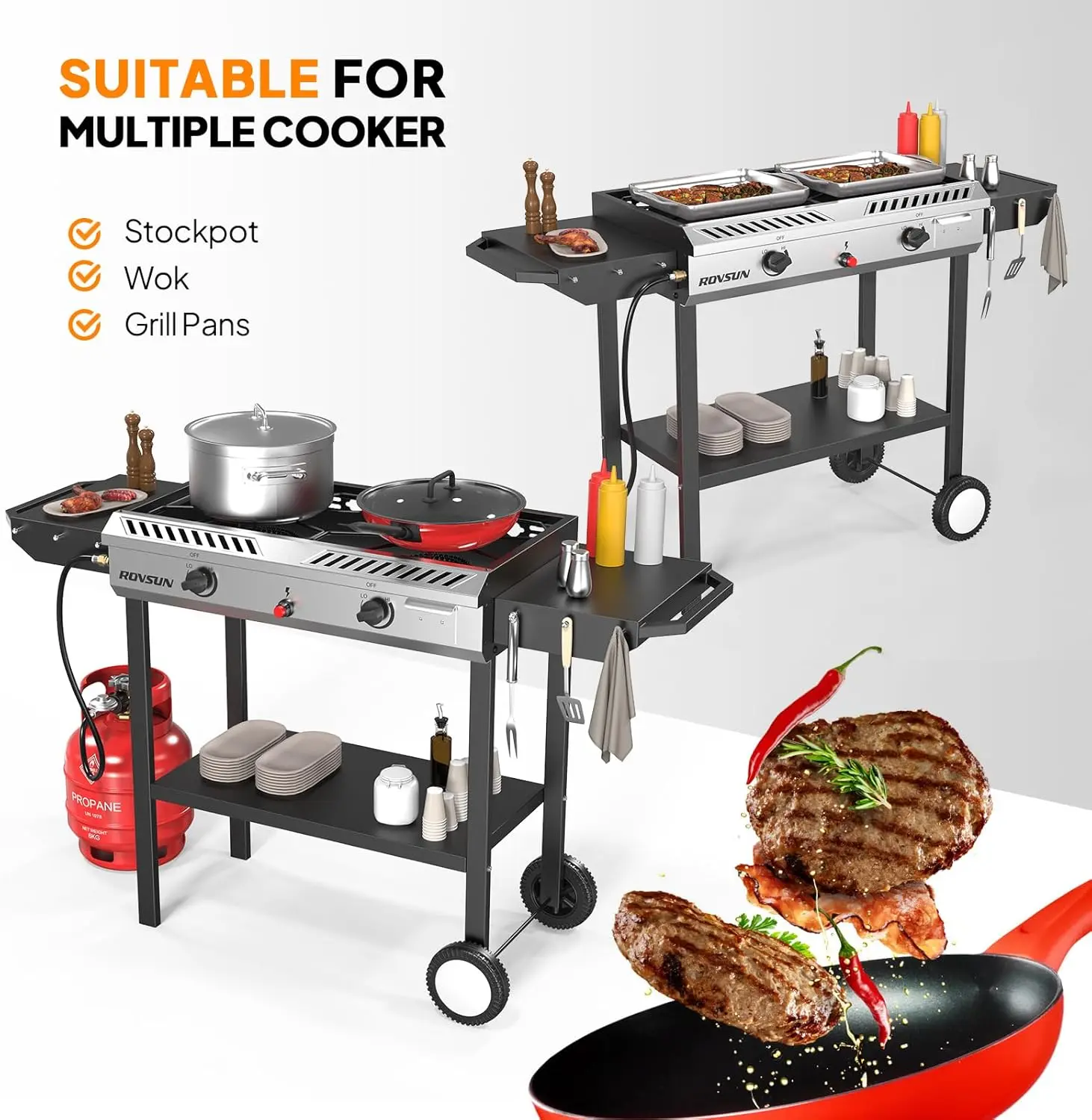 ROVSUN Estufa de gas propano para exteriores (2/3 quemadores) con encendido automático, regulador y estantes laterales — Potente cocina de pie de 150.000/225.000 BTU, ideal para cocinar en el patio trasero, elaboración casera de bebidas, envasado de alime