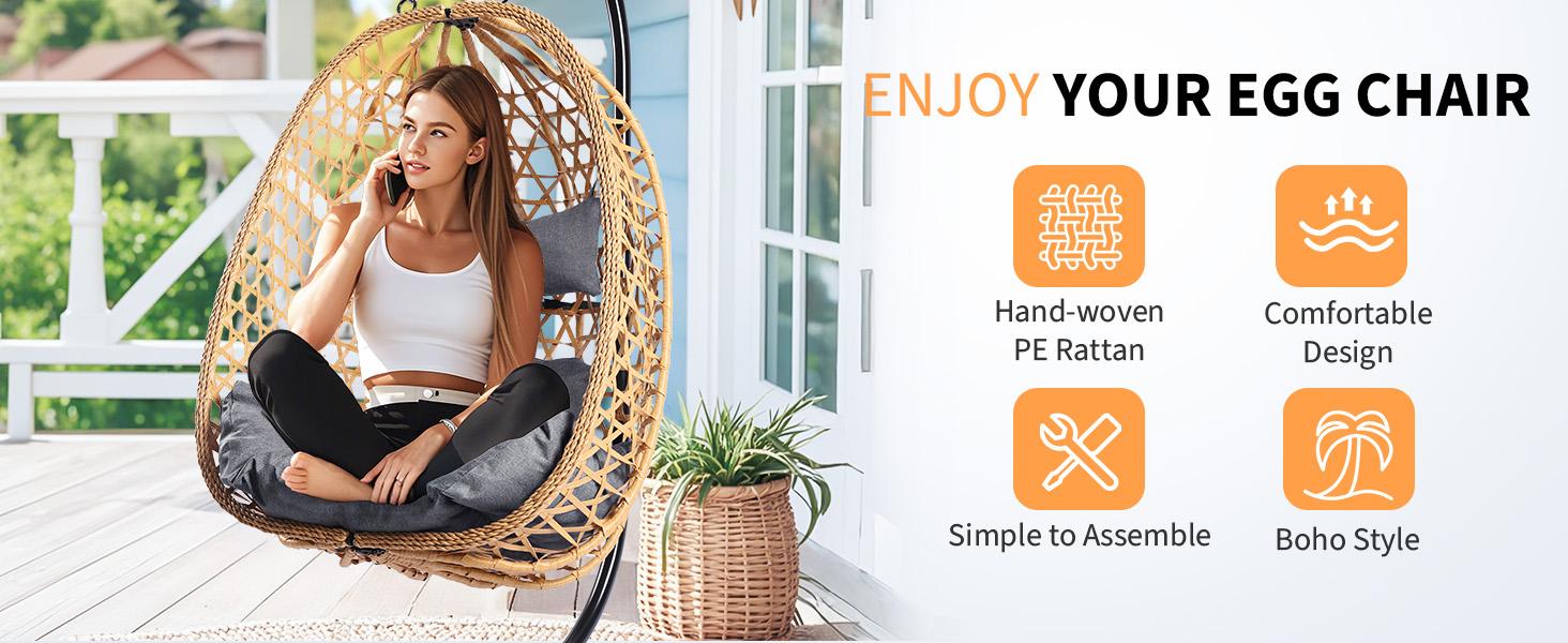 RIWENGO Hanging Egg Chair with Stand &ndash; Handwoven Rattan Patio Swing with Cushion, 350lb Capacity &ndash; Indoor/Outdoor Chic for Patio, Garden & Poolside